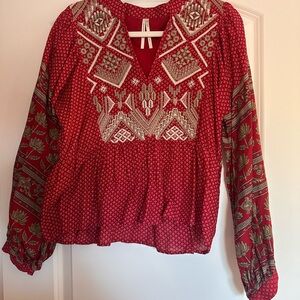 Anthropologie Red and White Embroidered Blouse